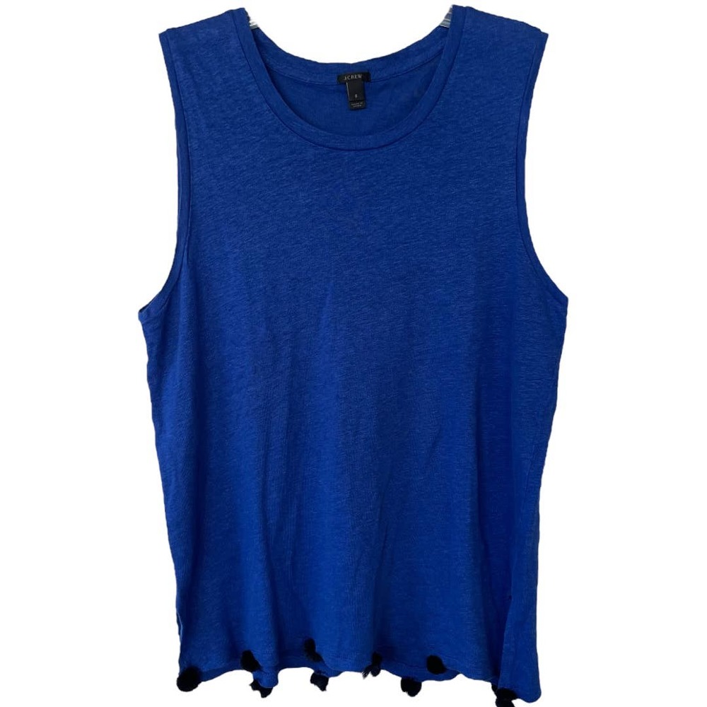 J. Crew Linen blue sleeveless pom pom top size S